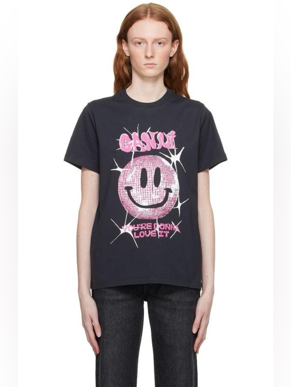 Ganni Smiley Relaxed T-Shirt Black Pink Size Small